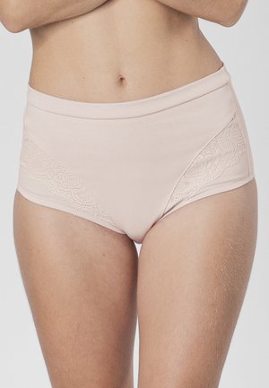 Lichtroze high-waisted onderbroeken van gladde stof, met decoratieve kantinzetstukken aan de zijkanten en een naadloze tailleband.