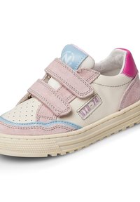 Sneaker in pelle e scamosciato nei colori rosa, crema e blu, con punta perforata, cinturini in velcro e suola in gomma testurizzata. Logo NTH-74 sul lato.