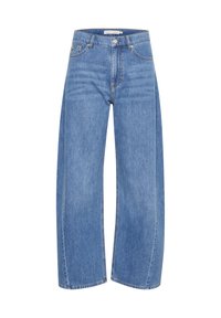 Light blue denim wide-leg jeans with a high waist, featuring a button and zipper closure, five pockets, and subtle fading details.