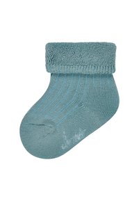 Light blue sock made of soft, textured material with a ribbed cuff, featuring subtle vertical stripes and a rounded toe design.