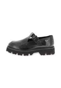 Black leather loafer with chunky treaded sole, side buckle strap, metal wing emblem, and stud details on heel.