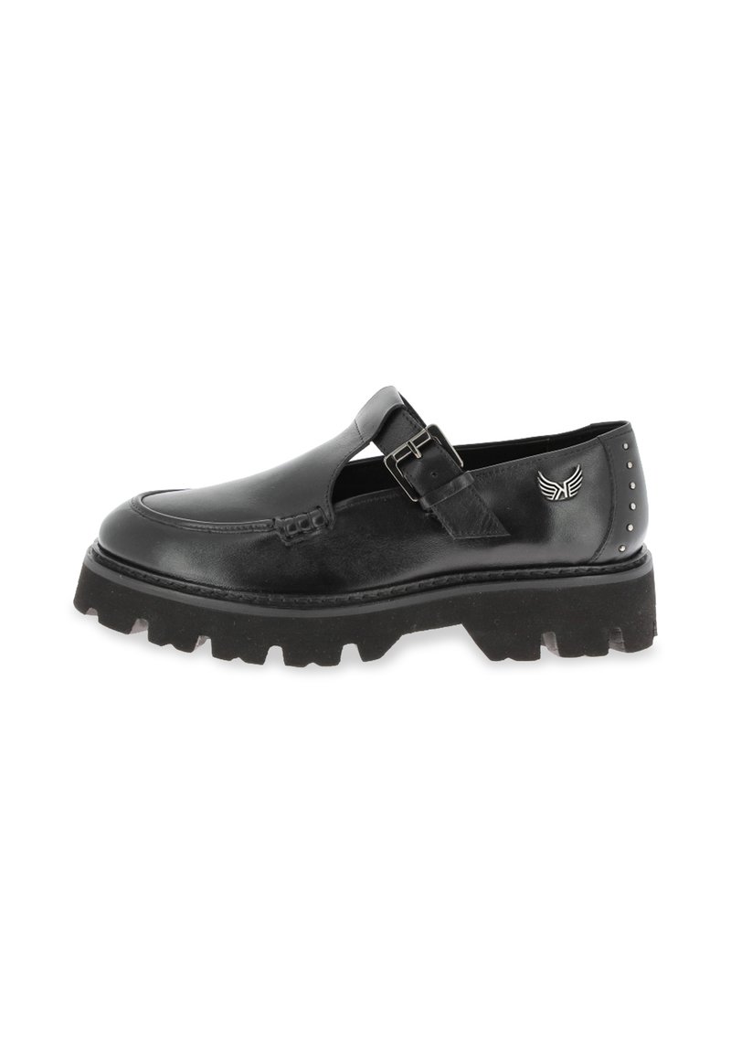 Black leather loafer with chunky treaded sole, side buckle strap, metal wing emblem, and stud details on heel.