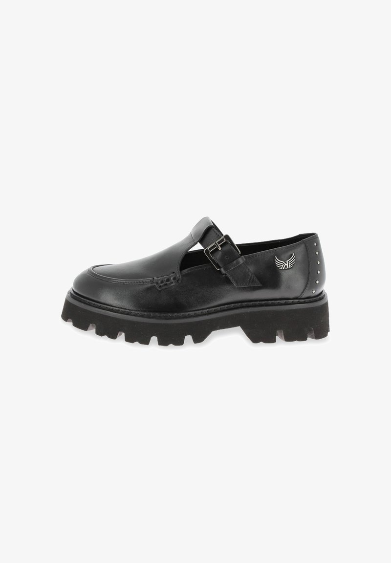 Black leather loafer with chunky treaded sole, side buckle strap, metal wing emblem, and stud details on heel.