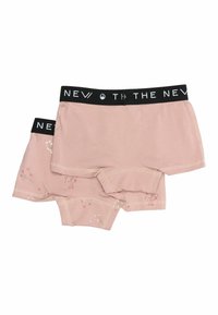 Dve nohavičky v svetloružovej bavlne. Väčší pár má kvetinovú výšivku a čierny elastický pás s nápisom "THE NEW."