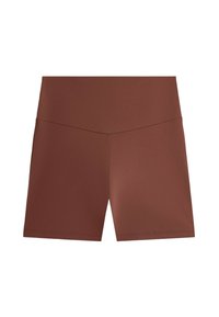 Shorts marron taille haute extensibles avec une texture lisse, sans logos ni motifs visibles, présentés sur un fond blanc uni.