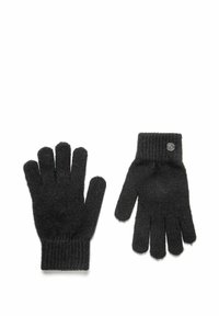 Melni adīti cimdi ar ribotām aprocēm un pogu akcentu uz plaukstas, ar piecām atsevišķām pirkstām, kas nodrošina veiklību un siltumu.