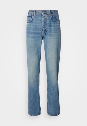 Light blue straight-leg denim jeans with a high waist, front button, zipper closure, and five-pocket design.