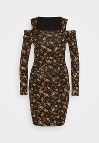 Černé květinové šaty s dlouhými rukávy, hranatým výstřihem a přiléhavým střihem. Obsahují vícbarevné květinové vzory a shrnování po stranách.