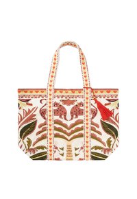Sac fourre-tout à motifs avec une base blanche ornée de motifs botaniques en rose, vert et marron, une frange rouge et des sangles décorées de cœurs.