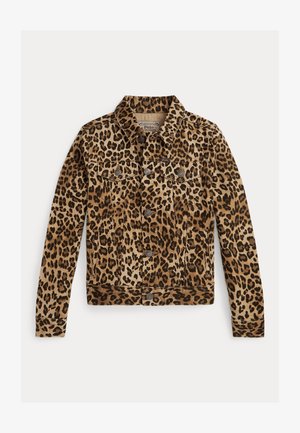 Džínová bunda s leopardím vzorom, ktorá má prekladaný golier, predné zapínanie na gombíky a dve náprsné vrecká. Dizajn dominuje hnedé a béžové odtiene.