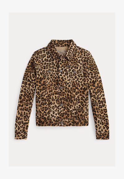 Leopardų rašto džinsinis švarkas su užlenkiamu apykakle, priekyje spaudžių užsegimu ir dviem krūtinės kišenėmis. Dizaino dominuoja smėlio ir rudos spalvos atspalviai.