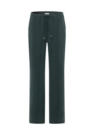 Donkergroene rechte broek met elastische tailleband en koord, gemaakt van soepele, lichte stof.