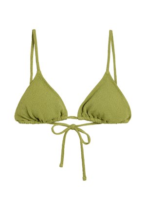 Lichtgroen bikini topje van gestructureerde stof met verstelbare dunne schouderbandjes en een knoopsluiting aan de voorkant.