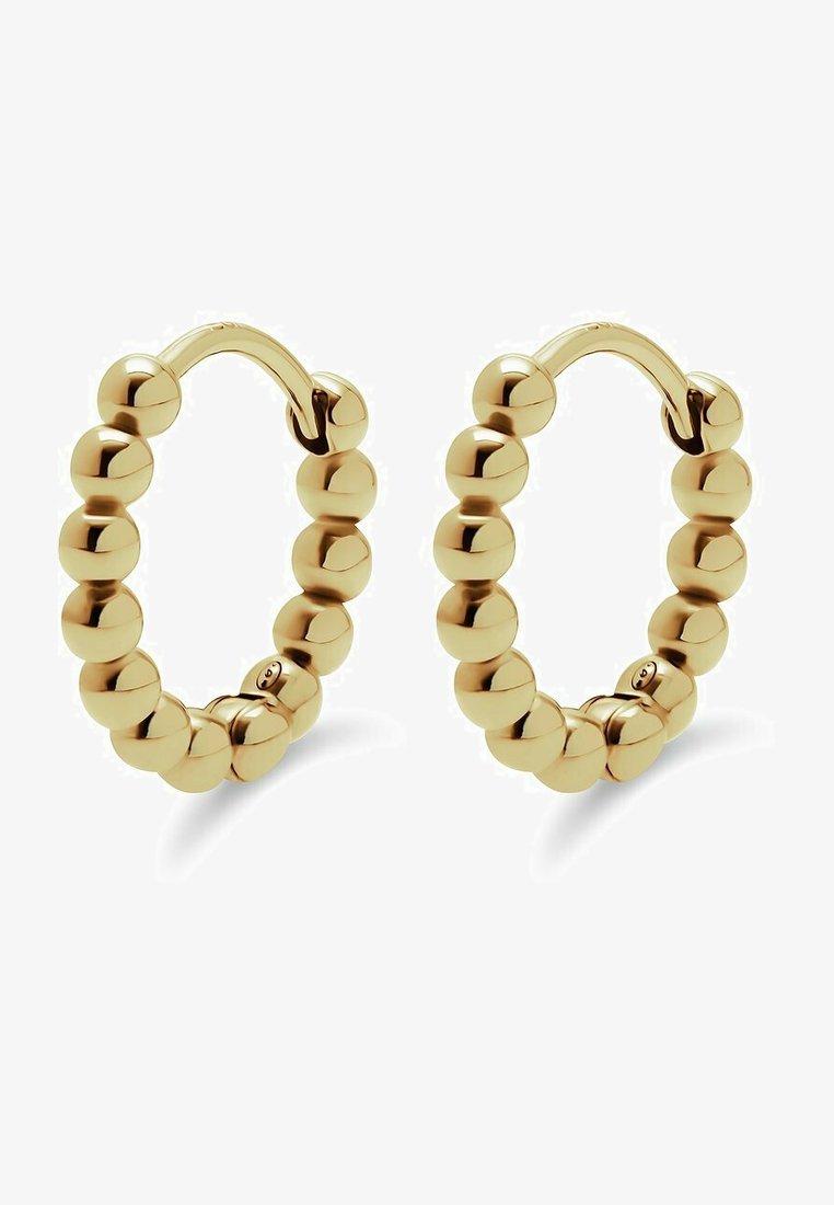 Goldene Creolen mit einem Perlenmuster. Glatte, kugelförmige Perlen erzeugen eine strukturierte Optik. Die Ohrringe verfügen über einen sicheren Klappverschluss.