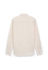 Camicia crema a maniche lunghe con un sottile motivo a diamante, polsini abbottonati e colletto classico, vista da dietro su uno sfondo bianco.