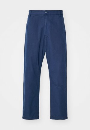 Navy blue, straight-leg trousers made of cotton. Features a front button closure and subtle texture, with side pockets and belt loops.