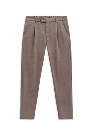 Braune, schmal zulaufende Hosen aus einem strukturierten Stoff, mit Vorderfalten, Seitentaschen und einem Knopf am Bund.