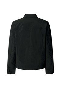 Sort langærmet jakke med krave, knappede manchetter og synlige syningsdetaljer, vist bagfra på en hvid baggrund.