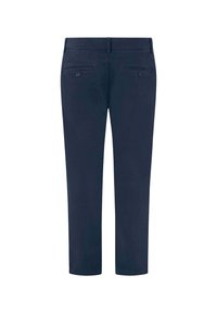 Marinblå skräddarsydda byxor med bältesöglor, två bakfickor med knäppning, avkortad smal passform på en vit bakgrund.