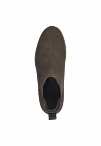 Bottine en cuir marron avec des panneaux élastiques sur les côtés et une languette à l'arrière. Texture lisse, bout rond et design minimaliste.