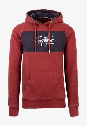 Red and navy hoodie with a front pocket, drawstring hood, and white logo text. Soft cotton blend, ribbed cuffs, and hem.