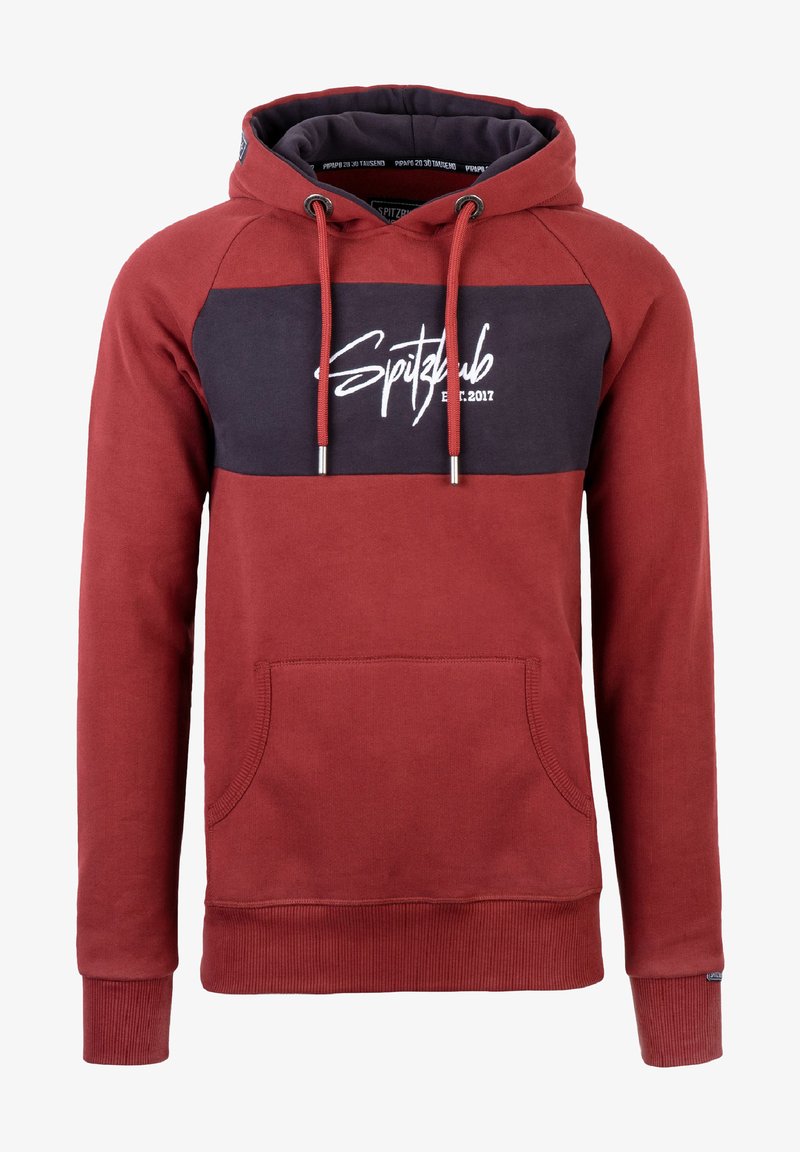 Rood en marineblauwe hoodie met een voorzak, trekkoord capuchon en witte logo-tekst. Zachte katoenmix, geribde manchetten en zoom.