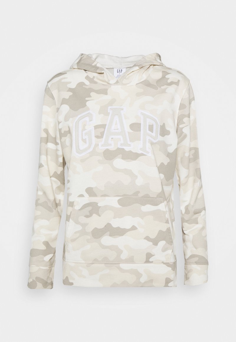 Sweat à capuche avec motif camouflage beige clair et blanc, grande inscription blanche GAP sur la poitrine, avec poche kangourou à l'avant.