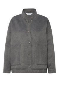 Veste en mélange de laine grise avec col montant, boutons-pression à l'avant, manches longues et deux grandes poches plaquées à l'avant.