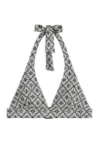 Top de bikini de triángulo con patrón en blanco y negro y tirantes ajustables, que presenta diseños florales sobre un fondo contrastante y una textura suave.