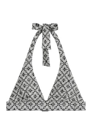 Top bikini triangolo a righe in bianco e nero con spalline a fascia, caratterizzato da motivi floreali su uno sfondo a contrasto e una texture liscia.