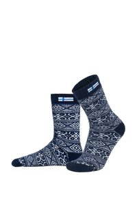 Marineblaue Socken mit einem geometrischen weißen Muster, gerippten Bündchen und verstärktem Fersen- und Zehenbereich für Haltbarkeit und Komfort.