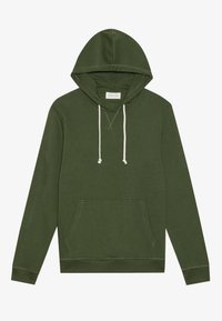 Zaļš kokvilnas hoody ar priekšējo kabatu, kapuci ar aukliņu un ribotām aprocēm. Piedāvā teksturētu virsmu un kontrastējošus šuvju detaļas.