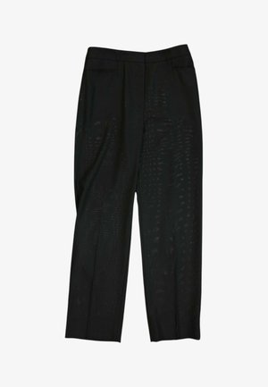 Pantalon noir taille haute, cintré, avec jambes droites et motif texturé subtil, posé à plat sur fond blanc.