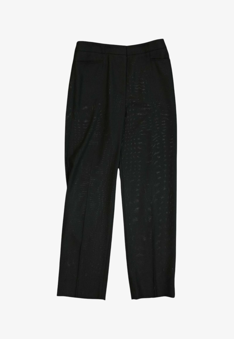 Pantalon noir taille haute, cintré, avec jambes droites et motif texturé subtil, posé à plat sur fond blanc.