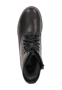 Stivale alla caviglia in pelle nera con punta rotonda, lacci e dettagli con zip. Interno foderato in tessuto grigio per il comfort. Suola in gomma con leggera scolpitura.