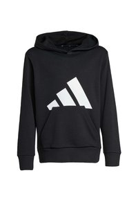 Schwarzer Kapuzenpullover mit einem großen weißen diagonalen Adidas-Logo auf der Vorderseite, mit einer Kängurutasche und gerippten Bündchen.