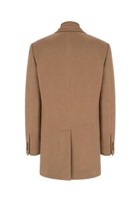 Brązowy wełniany płaszcz o prostym kroju, z wykładanym kołnierzem i mankietami zapinanymi na dwa guziki. Posiada jedno rozcięcie z tyłu i gładką teksturę.