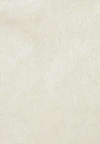 Beige fabric with embossed, swirling text pattern in white, featuring words like "gear" and "wear" in a continuous design. Smooth texture.
