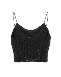 Černý crop top s tenkými ramínky, s texturovaným designem zdobeným flitry, hladkou podšívkou a přiléhavým siluetou.