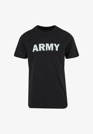 Tricou negru din bumbac, cu text mare alb "ARMY" pe față. Design clasic cu guler rotund și mâneci scurte.