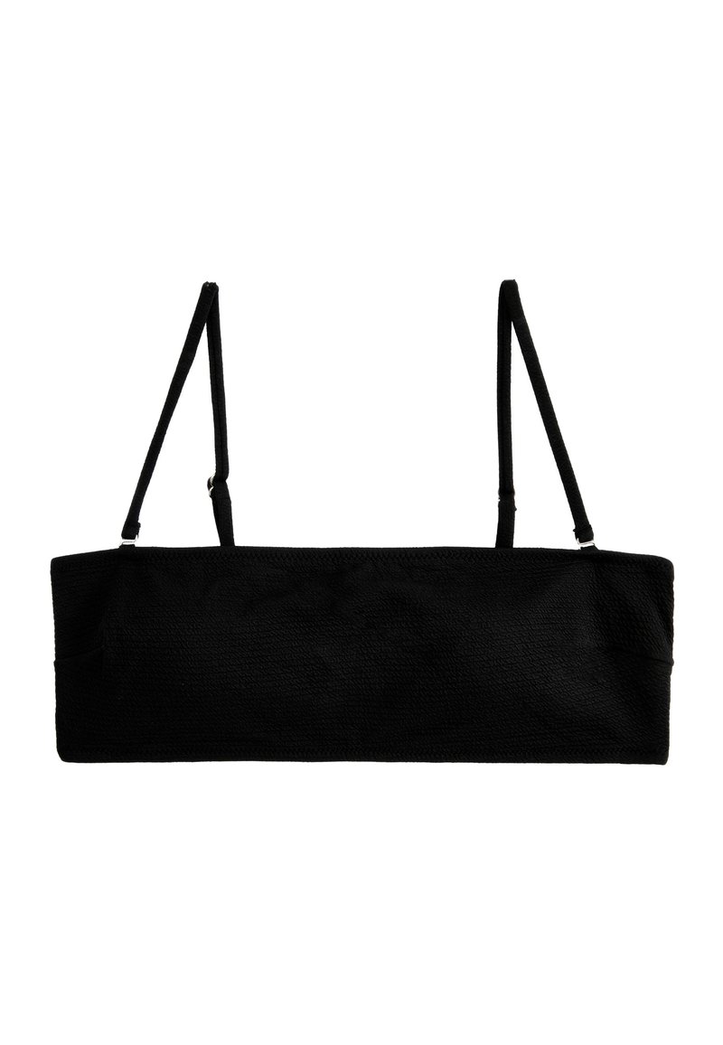 Sort bandeau-top i struktureret stof, med tynde justerbare stropper og et sømløst design. Ingen detaljer eller mønstre. Minimalistisk stil.