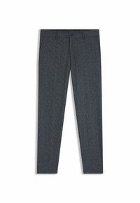 Dark gray trousers featuring a textured fabric with a subtle pattern, slim-fit design, standard waistband, and a single button closure.