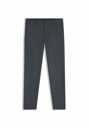 Dunkelgraue Hose aus strukturiertem Stoff mit einem dezenten Muster, Slim-Fit-Design,normalem Bund und einem einzigen Knopfverschluss.