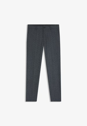 Dunkelgraue Hose aus strukturiertem Stoff mit einem dezenten Muster, Slim-Fit-Design,normalem Bund und einem einzigen Knopfverschluss.