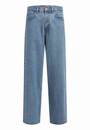 Světlé modré džíny z denimu se rovnými, širokými nohavicemi. Obsahují pět kapes a zapínání na knoflík. Texturovaná tkanina s jemným vyblednutím.