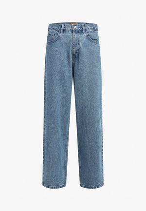 Jeans din denim de un albastru deschis, cu o croială dreaptă și pantaloni evazați. Prezintă cinci buzunare și închidere cu nasture. Material texturat cu o ușoară decolorare.