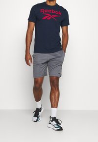 Mörkblå Reebok-t-shirt med röd logotyp, kombinerad med grå träningsshorts. Vita sportstrumpor och sportskor i blandade färger.