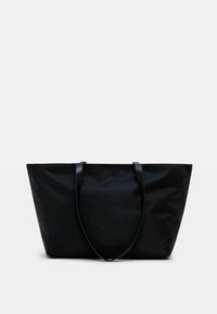 Black tote bag with a simple design, made of durable material, featuring two long handles and a spacious, structured shape.