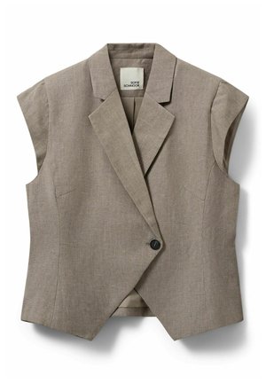 Veste sans manches beige cintrée avec col cranté et fermeture à un seul bouton noir, en tissu texturé.