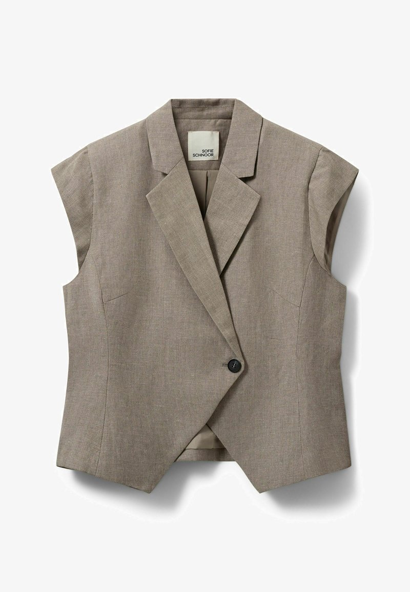 Veste sans manches beige cintrée avec col cranté et fermeture à un seul bouton noir, en tissu texturé.